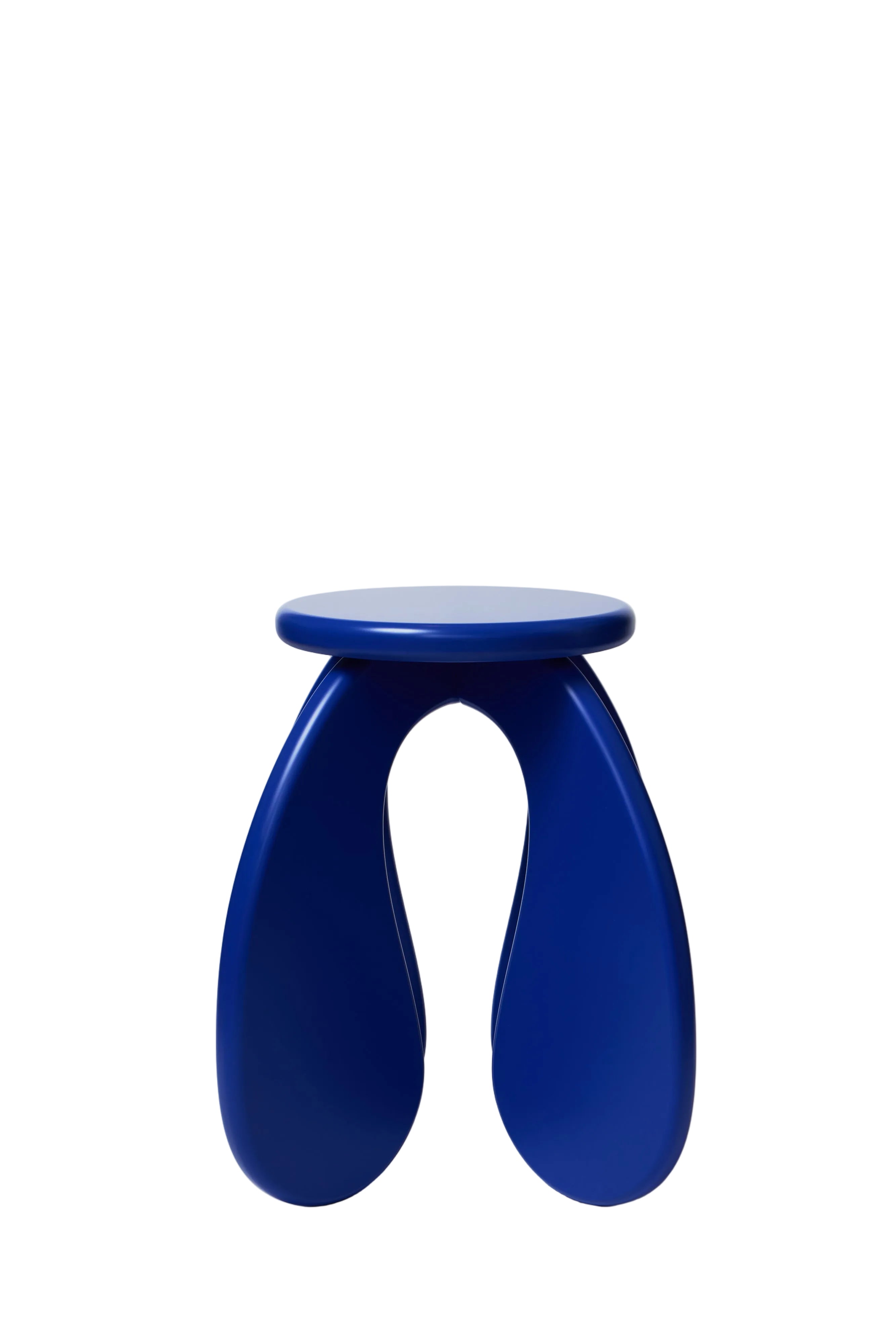 A side table or stool in ultramarine blue with four curved legs and a semi-gloss lacquer finish.